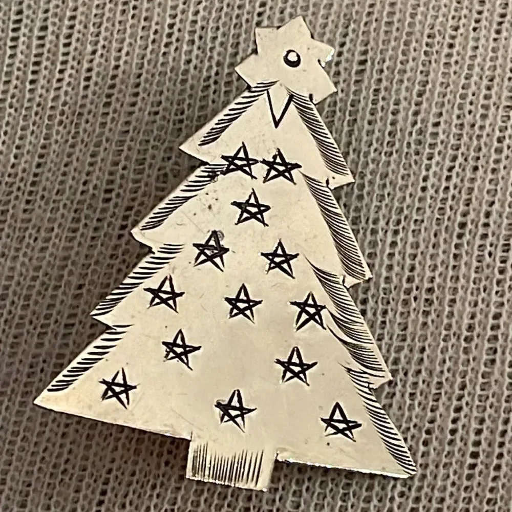 Vintage Brass Christmas Tree Pin with Etched Design Holiday Brooch